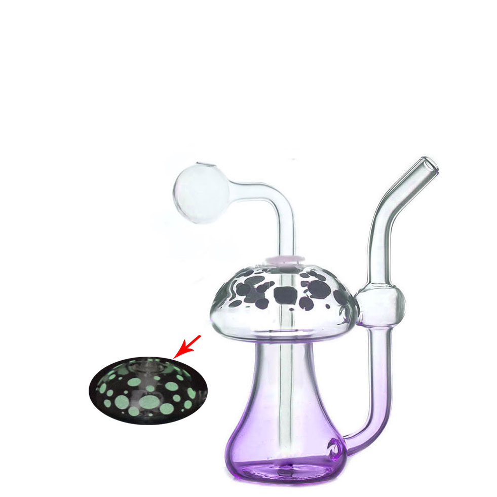 1pcs Portable Glass Oil Burner Bongs Glow In The Dark Mushroom Shape Handle Recycler Oil Rigs Hookah Dry Herb Shisha Hookah with Downstem Oil Pot