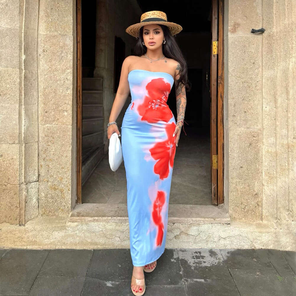 New sexy strapless printed bag hip slit dress for trendy women's clothing, children's seaside