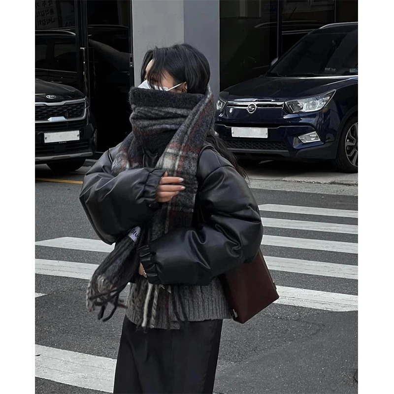 MEXZT Streetwear Short Parka Cropped Pu Leather Cotton Padded Coat Winter Thick Puffer Jacket Korean Warm Down Outwear 241120