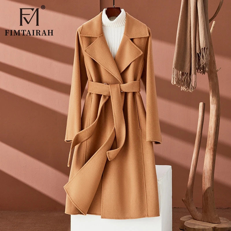 Fimtairah Doublesided 100 Wool Coat Womens midlength 2024 black style Korean version over the knee pure wool coat 241121