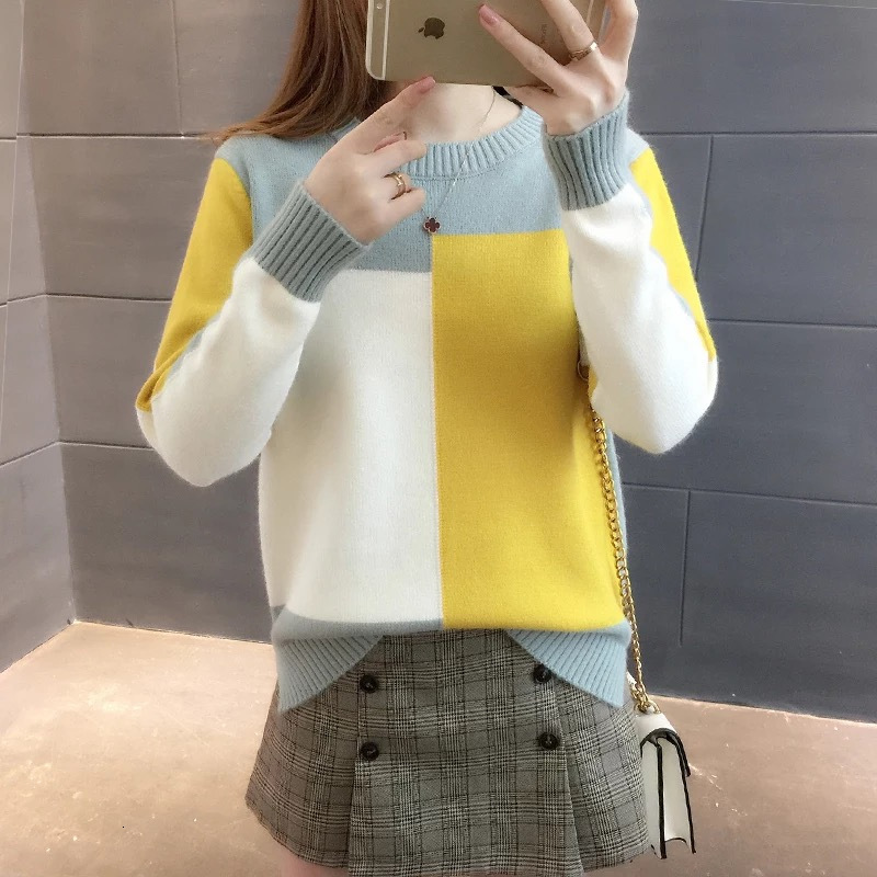 New Winter Korean Commuter Candy Hoodie Loose Color Knitted Round Neck Long Sleeve Designer Women's Sweater