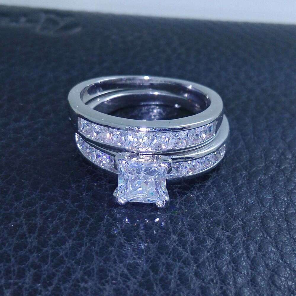 Princess Cut White Gold Filled Wedding Ring Set with Topaz CZ Dias 4104