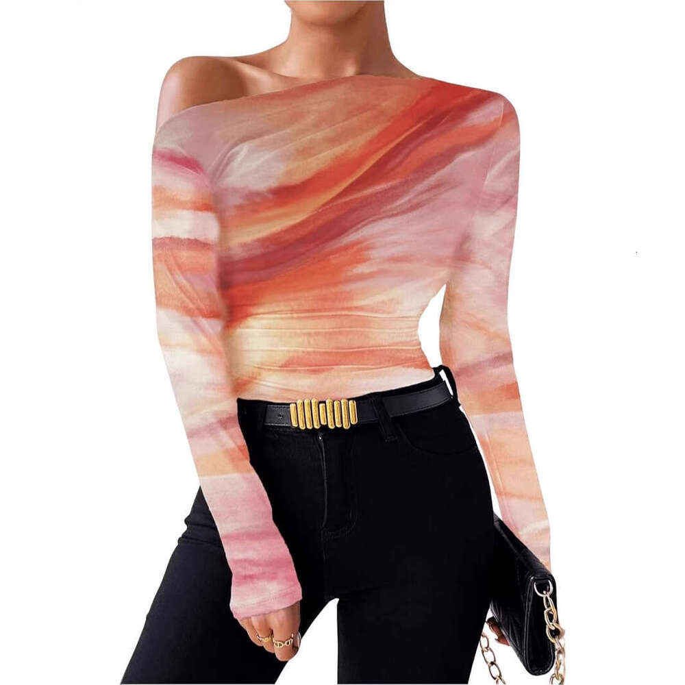 2024 Summer New Fashionable Tie Dyeing Printed Asymmetric Ruffle Edge Long Sleeve T-shirt
