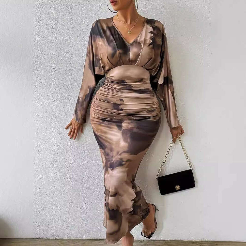 2024 Shein autumn new V-neck pleated women's sexy slim fit batwing sleeve dress