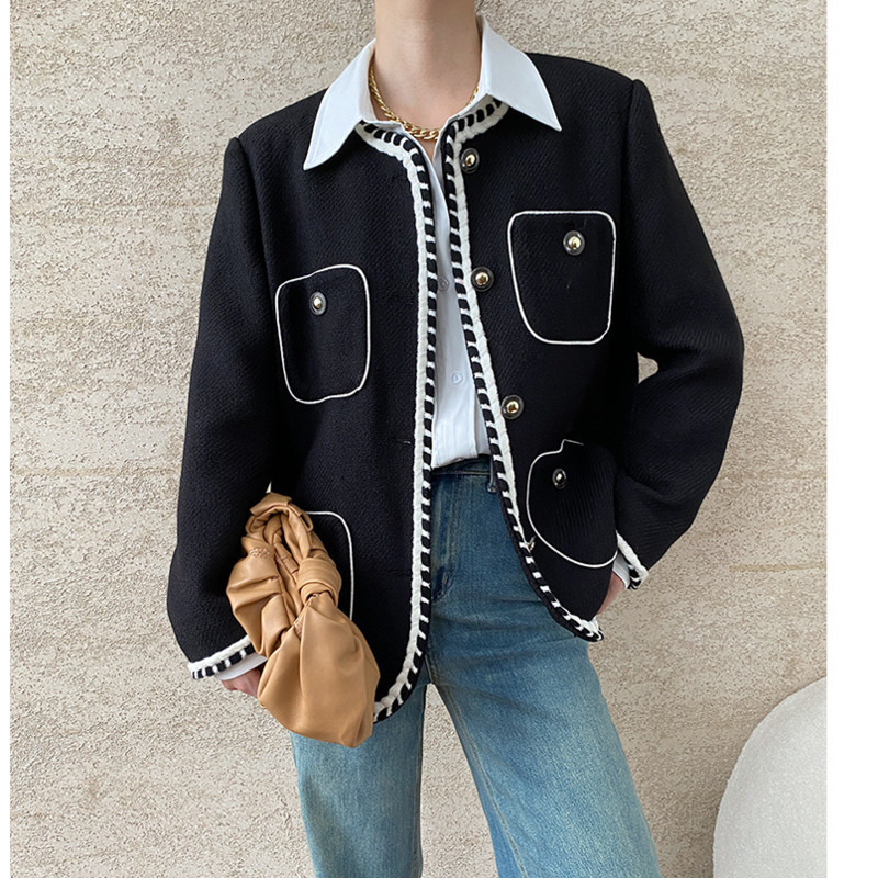 EOEN Fashion Women's Contrast Color Border Jacket Round Neck Loose Single Breasted Tweed Coat Autumn 2024 New