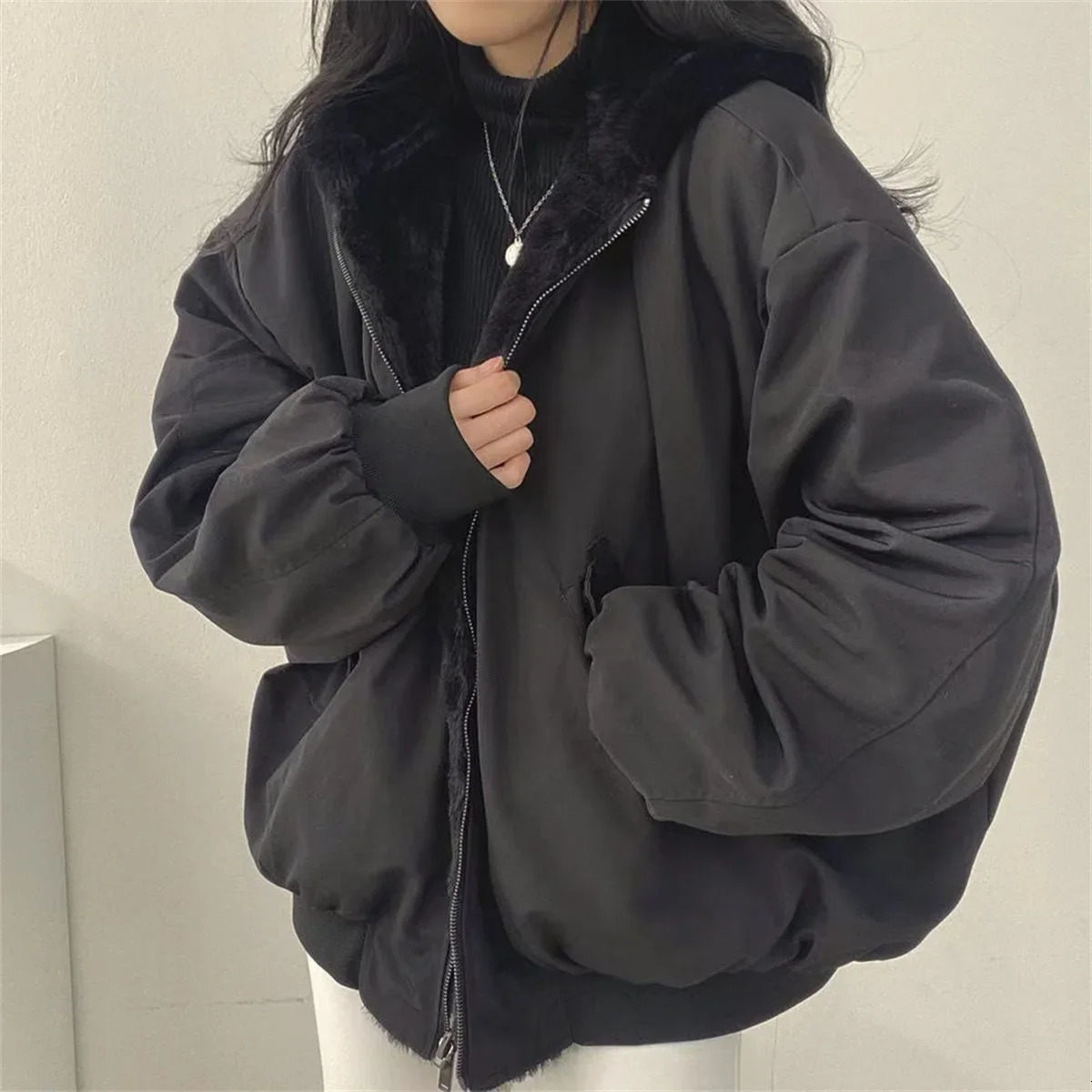 Winter Thicken Warm Parka Oversized Kawaii Double Sided Hooded Coat Ladies Korean Fashion Casual Loose Zip Up Jackets 241125