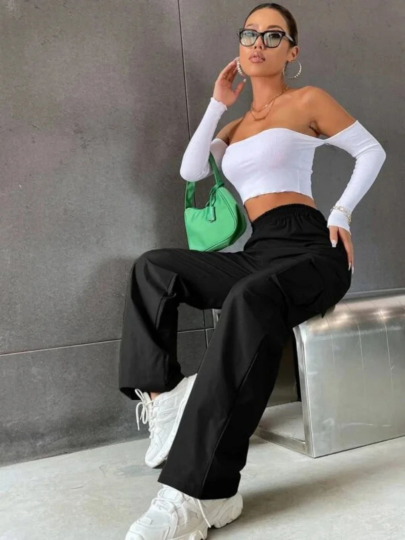 Fashion Women Baggy Joggers Pants Casual Communte Female Chic Straight Cargo Pant Elastic High Waist Elegant Oversized Trousers 241121Z