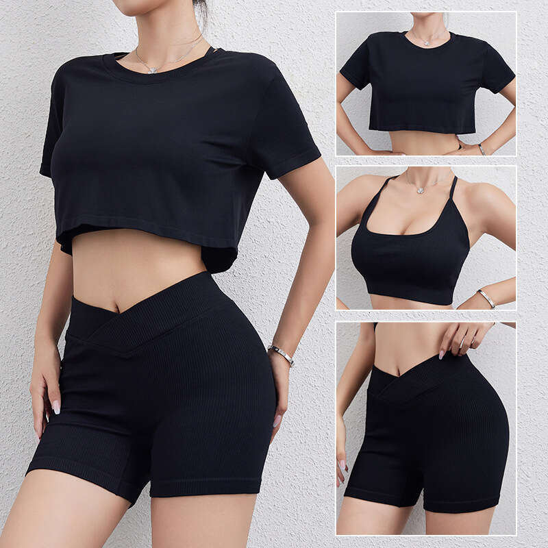 Summer Threaded Sexy Y-shaped Back Bra Yoga Suit Running Sports Fiess 3-Piece Set