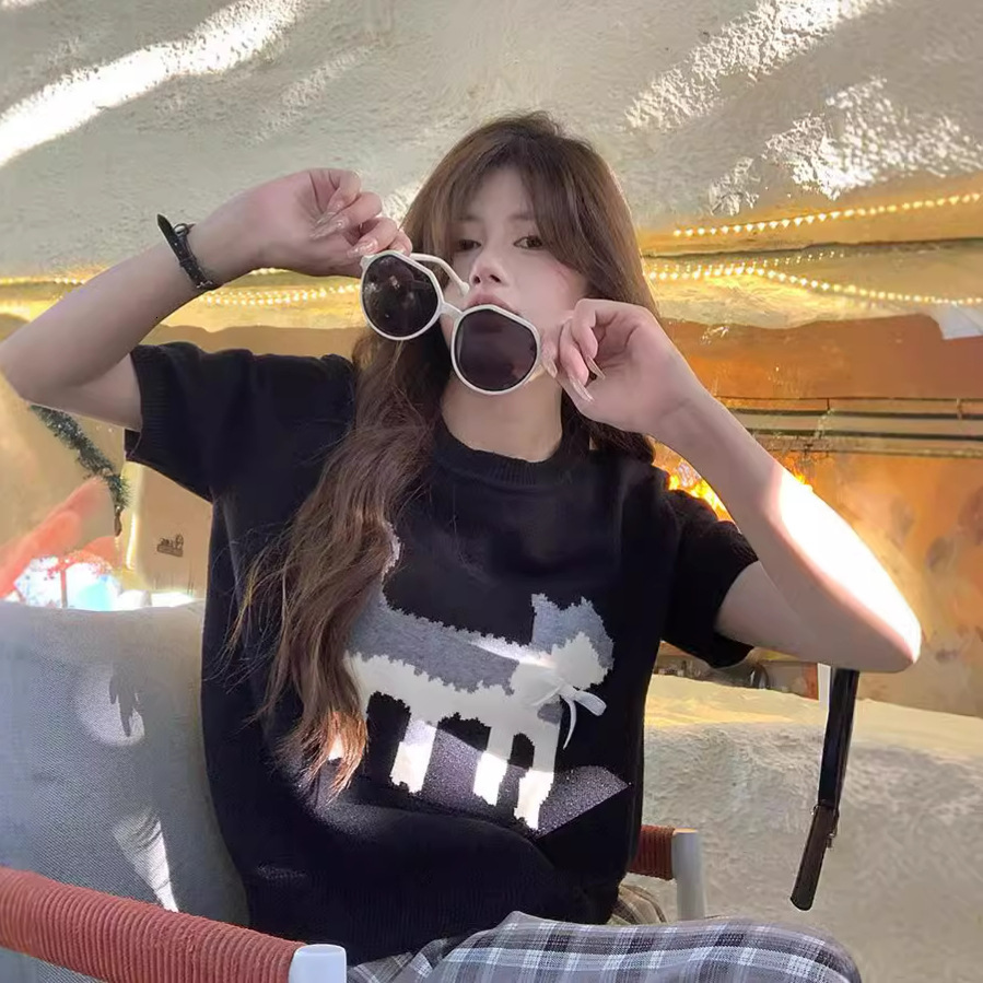 Winter new grey jacquard women's T-shirt loose round neck knitted shirt designer short sleeved top Ins