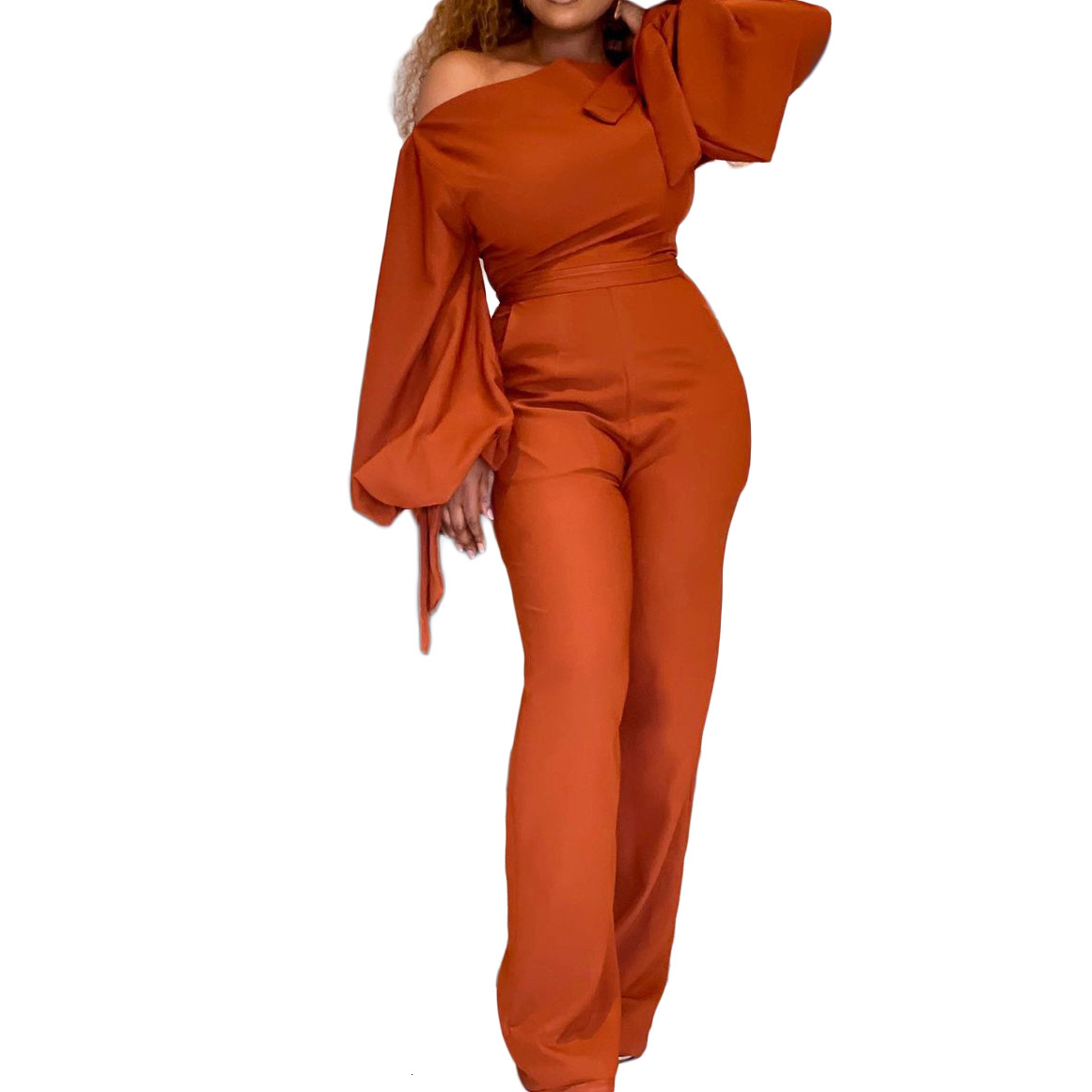 Q005t Autumn Fashion Slant Shoulder Long Sleeve Casual Large Size Women's Wide Leg Jumpsuit