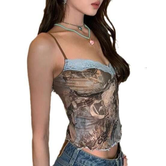 Qi Duo 2024 New Spicy Girl Sexy Beauty Slim Fit Open Back Suspended Printed Millennium Micro Transparent Tank Top