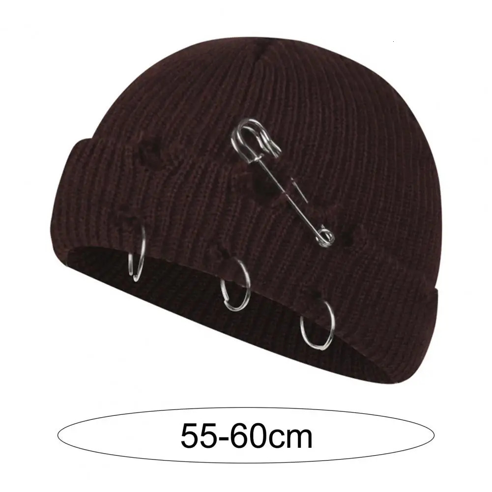 Knitted Hat Hip Hop Ripped Flanging Metal Ring Solid Color Warm Woolen Yarn Autumn Winter Women Beanie Cap Knitting Skull 241125