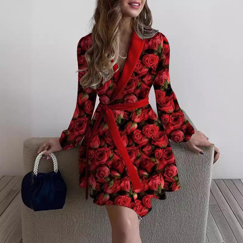 Women's 2024 Spring And Autumn Flower Print Polo Collar Long Sleeve Lace Up Waist Dress