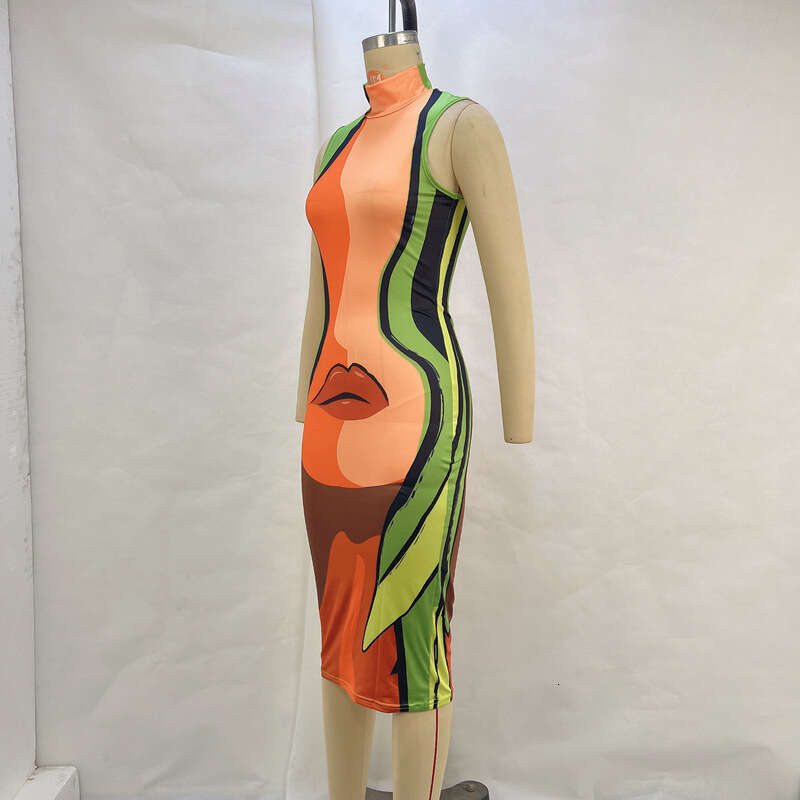 Women's 2024 new casual high neck sleeveless body lip print slim fit dress for women