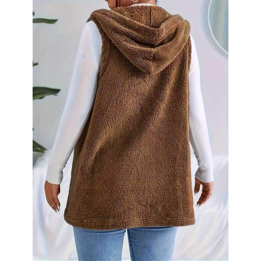 Plus solid color plush open top vest elegant warm hooded sleeveless jacket, suitable for autumn and winter, women's plus size clothing