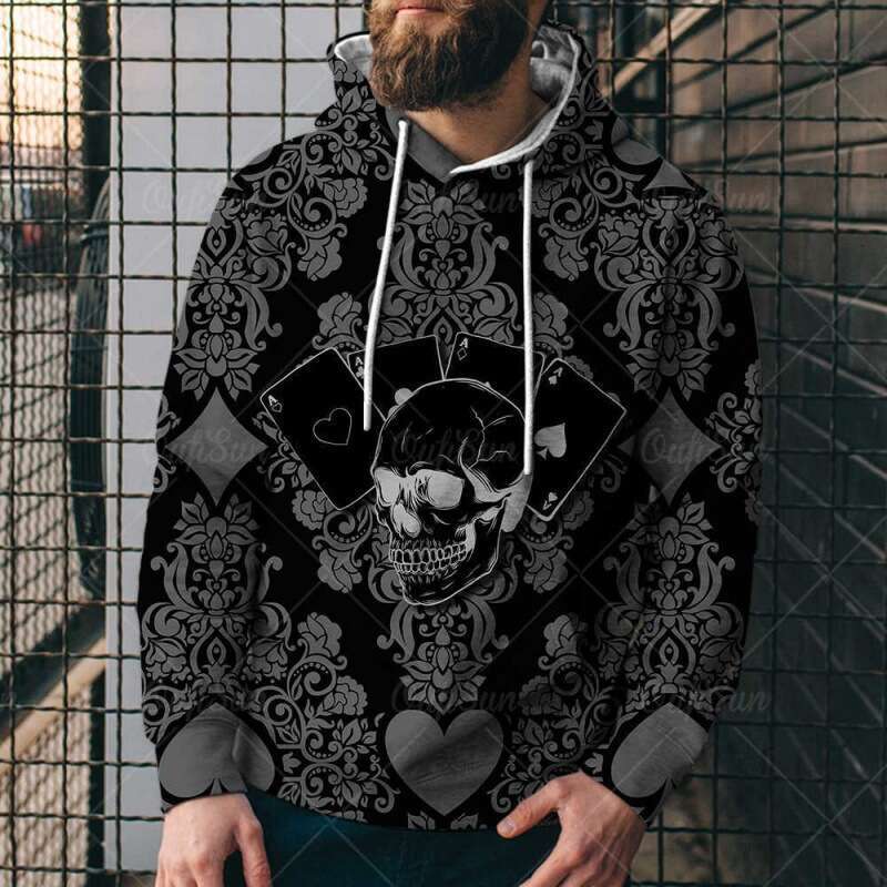 European American spring and autumn cool poker 3D printed men's trend hip-hop loose sports hoodie
