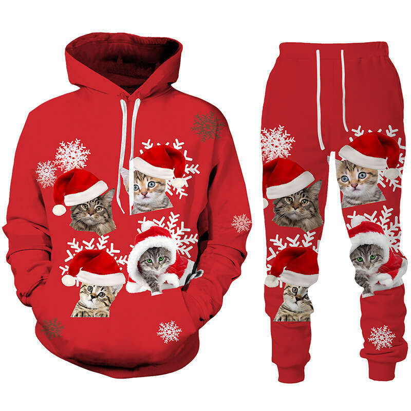 Autumn winter new set Christmas series 3D digital printing casual loose hooded sweatshirt and pants