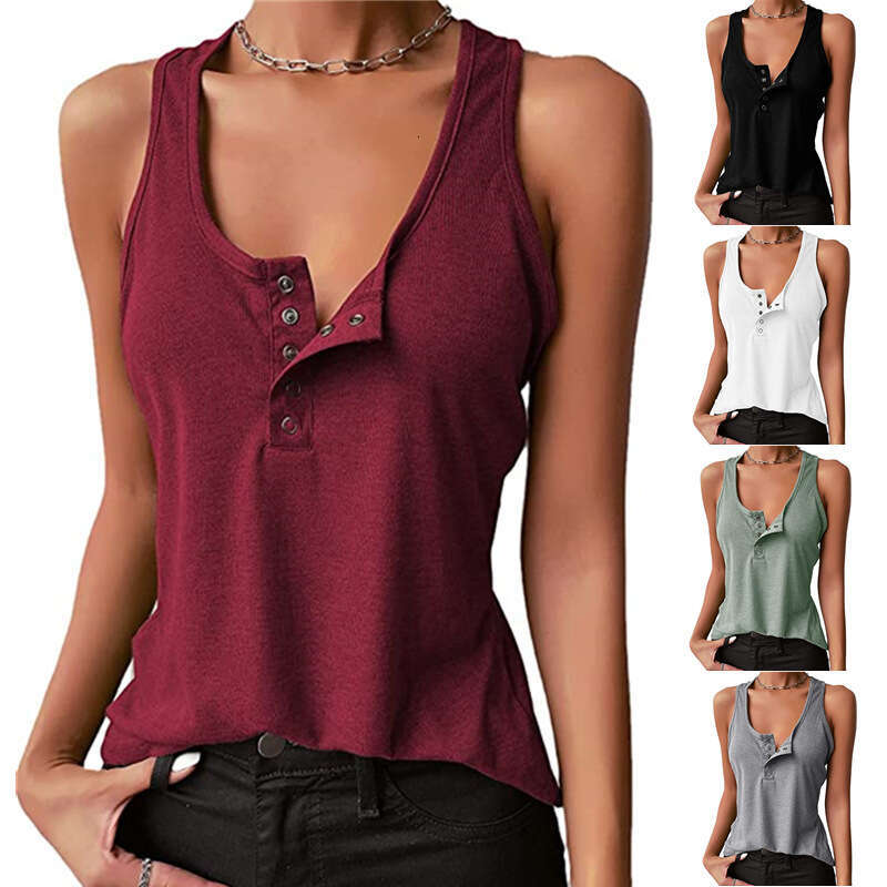 2023 Solid Color Sexy Inner and Outer Thread Vest Button Bottom Top T-shirt Women's Wear
