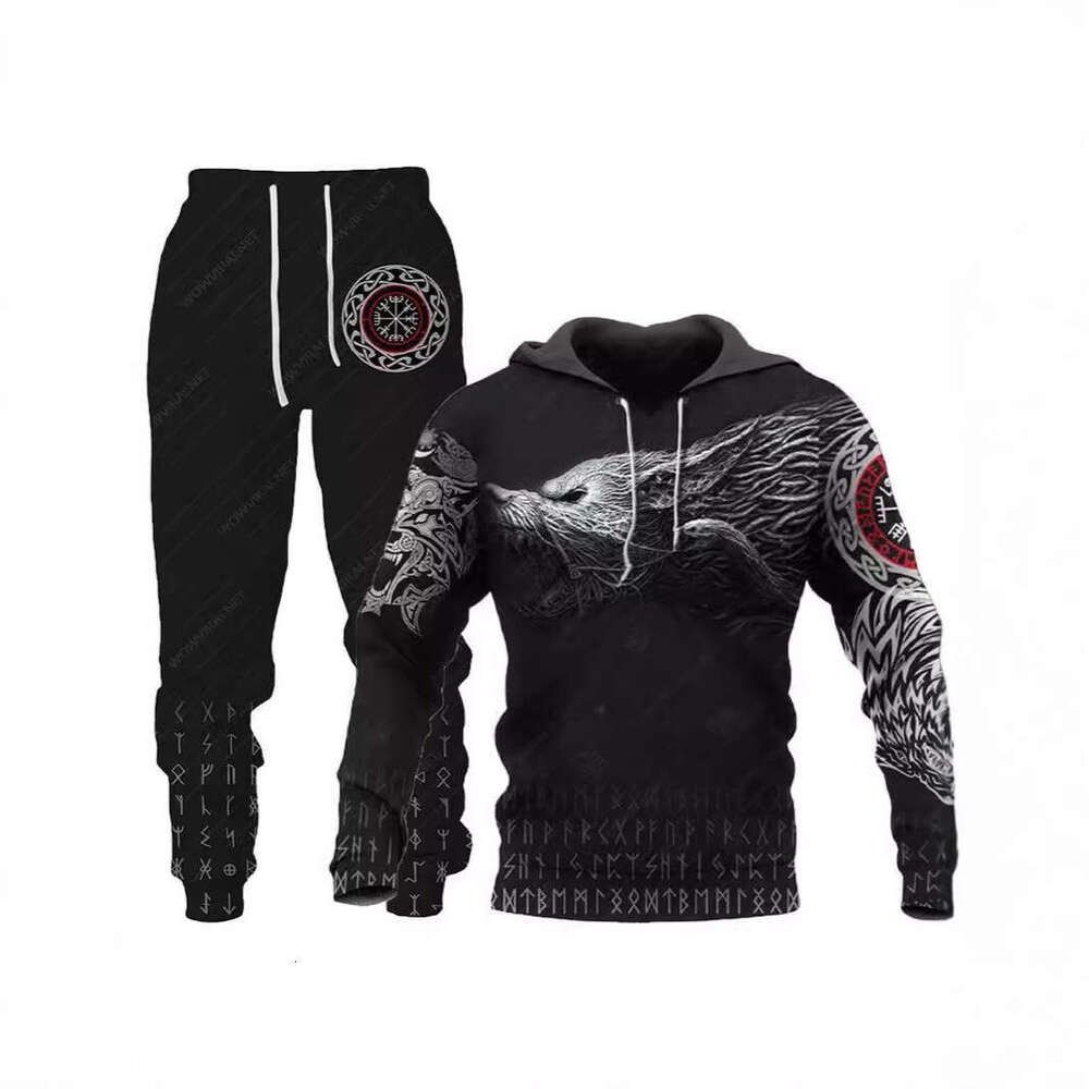2024 New Fierce Wolf 3D Printed Set Spring Autumn European and American Men's Hoodie
