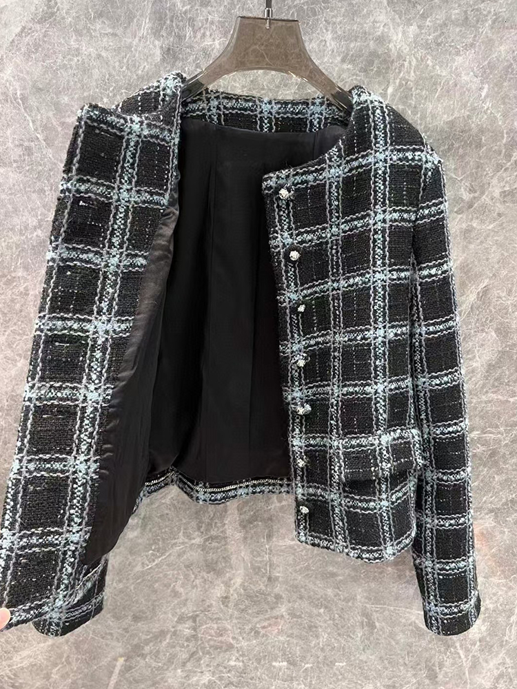 Vintage Woven Soft Tweed Wool Plaid Round Neck Short Coat 2024 Fall Women's New Fashion All-Match Silk Ing Jacket
