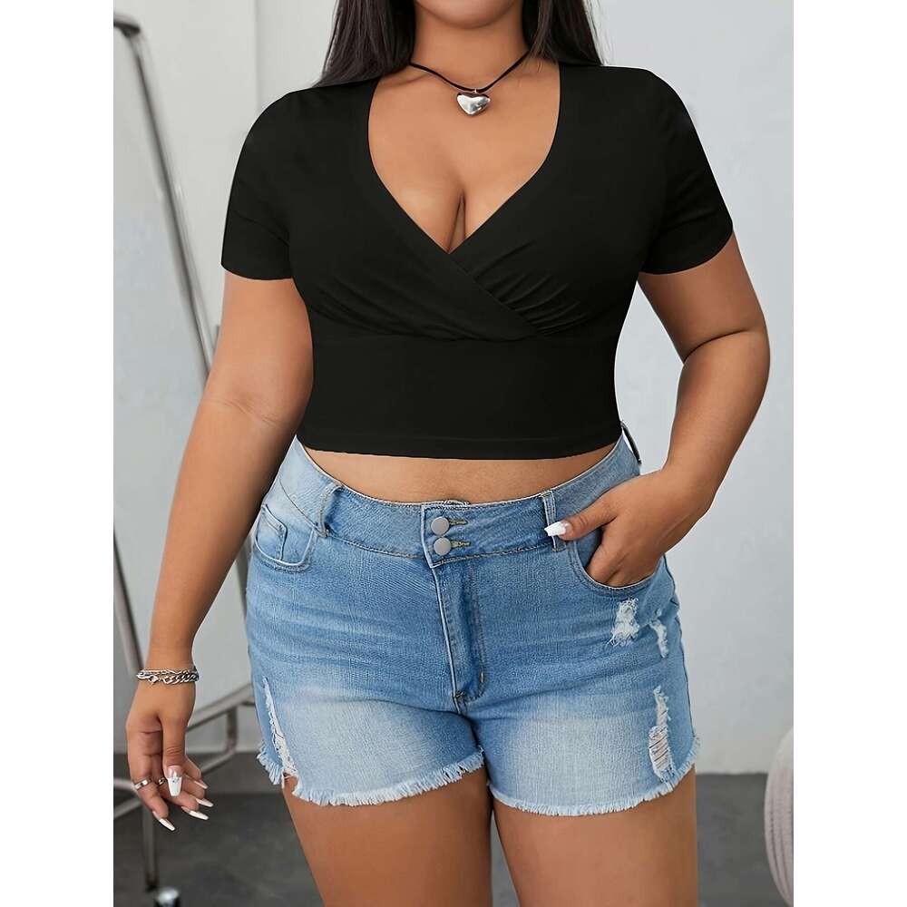 Large solid pleated collar T-shirt, spring and summer casual short sleeved top, women's plus size clothing