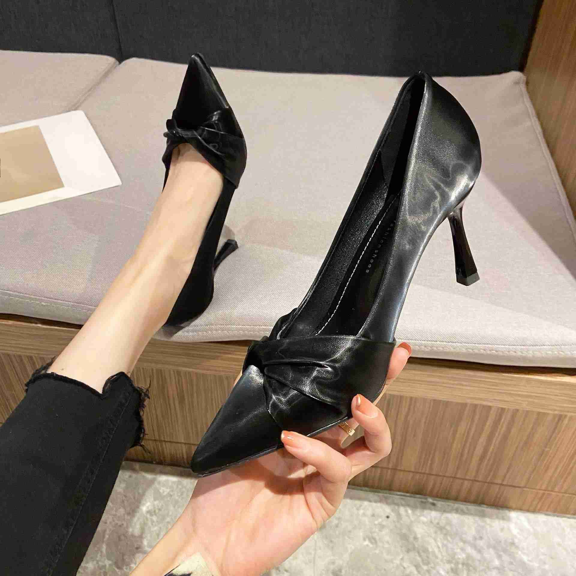 Spring Summer New Collection Solid Color Low Top Pointed Fine Heel 7CM Adhesive Shoes Daily 5CM Womens High Heels