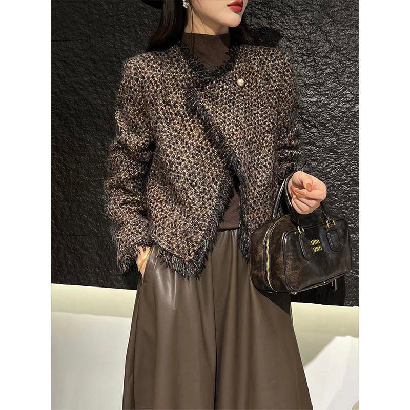 Wool + Skirt, Burr Edge Suit, Spring Women's Tweed Short PU Skirt Set Coat Women Winter Jacket