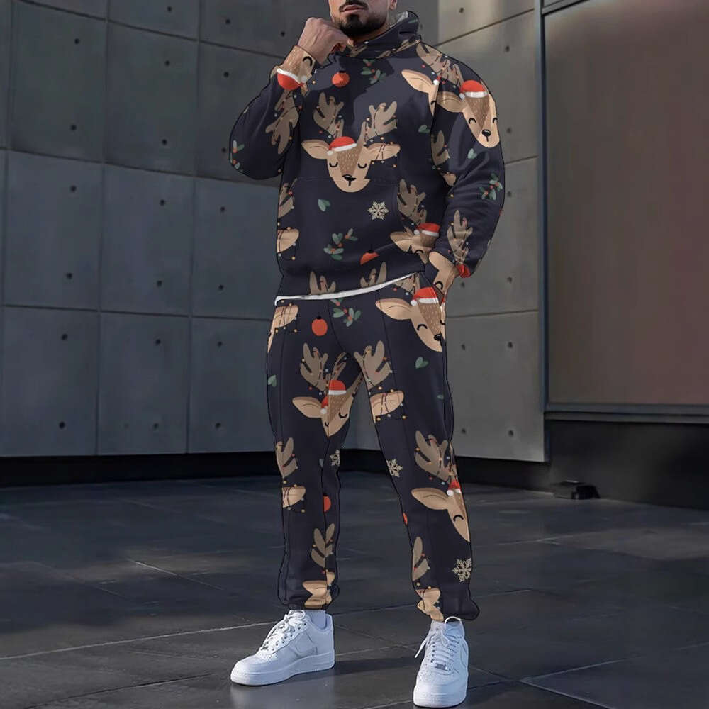 2024 European American new Christmas 3D printed casual loose fitting hooded men's hoodie and sweatpants set
