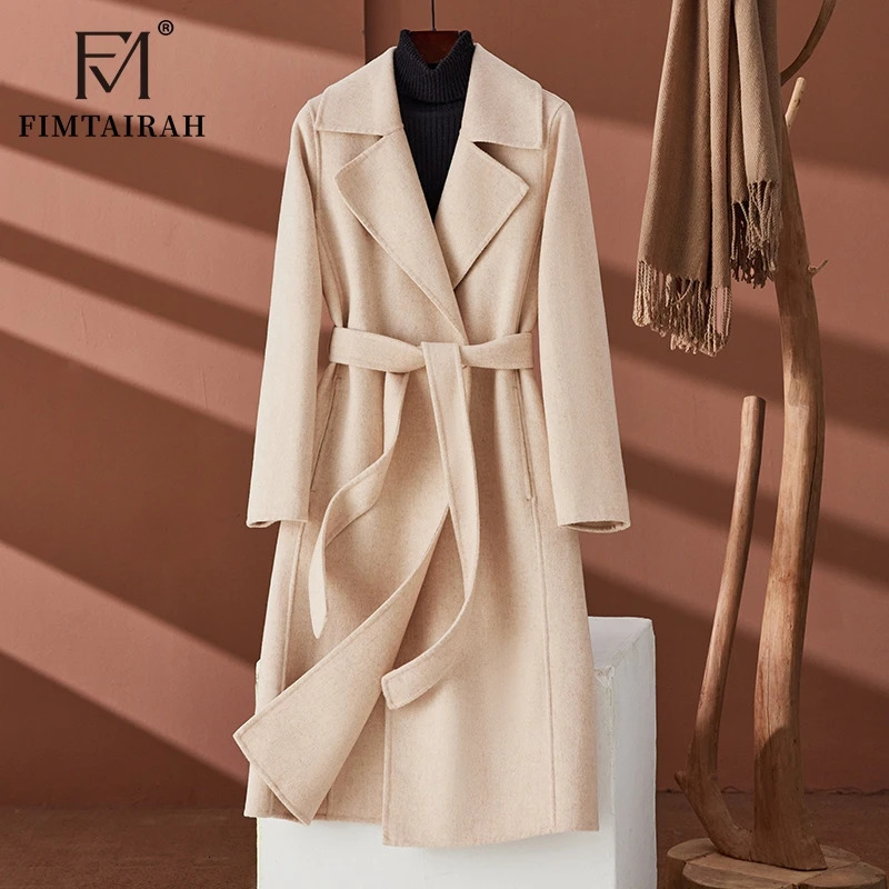 Fimtairah Doublesided 100 Wool Coat Womens midlength 2024 black style Korean version over the knee pure wool coat 241121