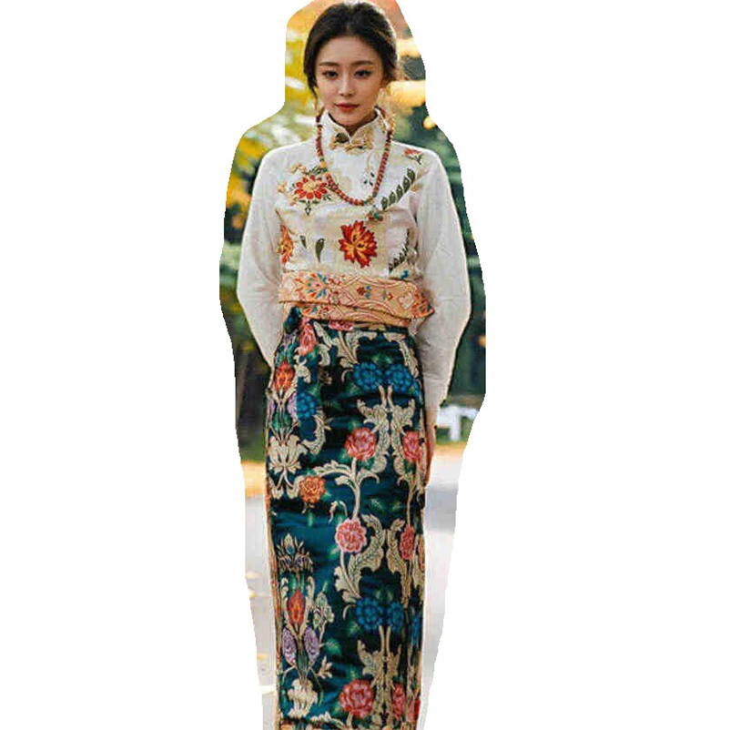 Tibetan Clothing for Women Autumn Blouse + Skirt Ethnic Style Tibetan Tops + One-Piece Wrapped Skirts Travel Photos Uniform