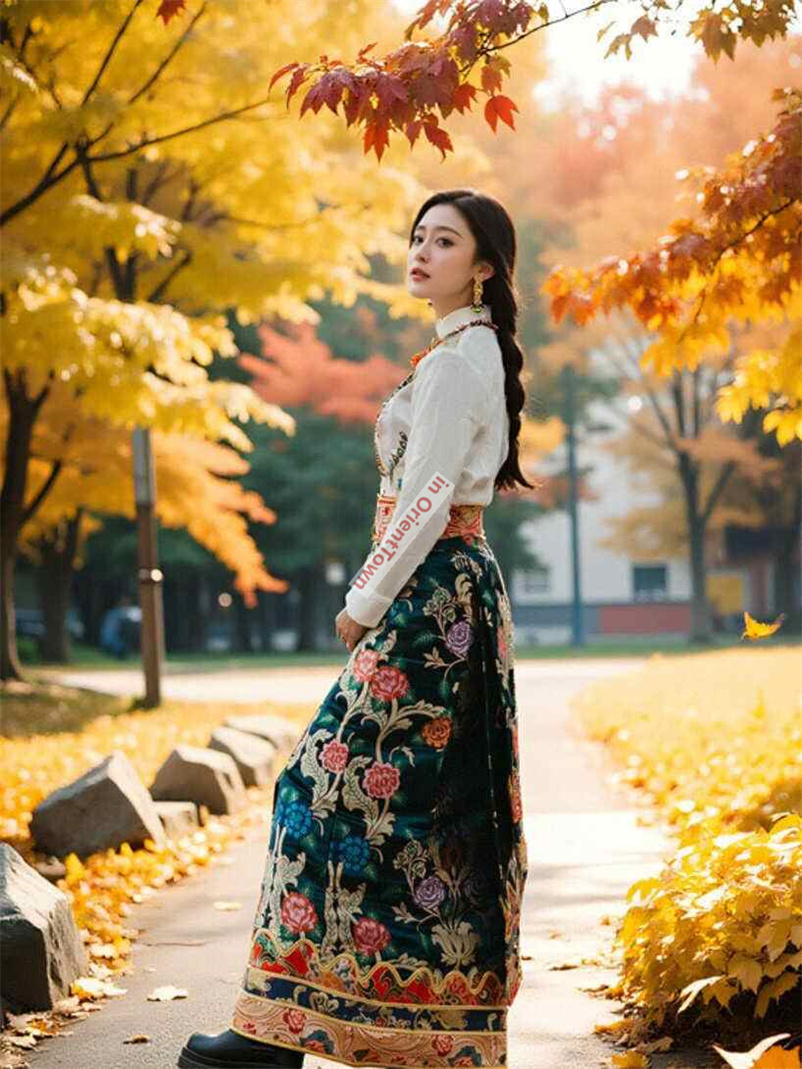 Tibetan Clothing for Women Autumn Blouse + Skirt Ethnic Style Tibetan Tops + One-Piece Wrapped Skirts Travel Photos Uniform