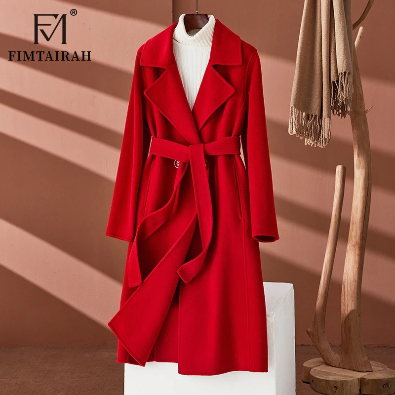 Fimtairah Doublesided 100 Wool Coat Womens midlength 2024 black style Korean version over the knee pure wool coat 241121