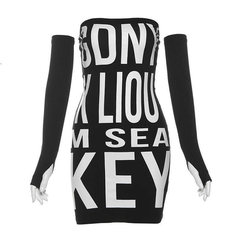 Wind 2024 Autumn New Women's Clothing Large Letter Printed Waist Bag Hip Dress Sleeve Set