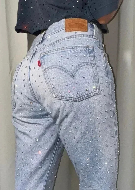 American jeans Y2K pants womens Gothic hip-hop pocket sequins rhinestone retro blue jeans fashionable ultra-thin high waisted Trousers 241127