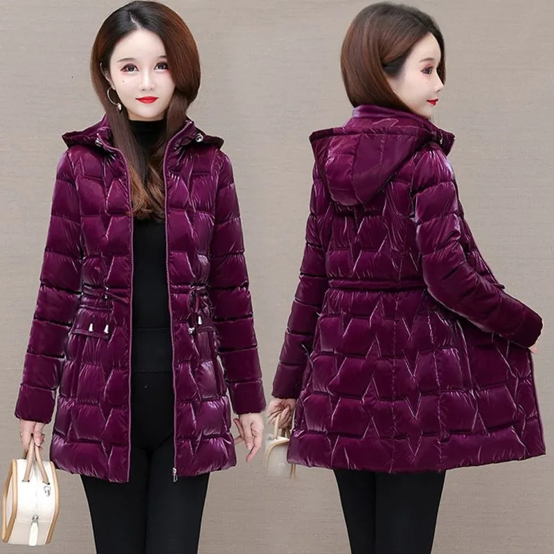 2024 Shiny Down Cotton Coat Women Korean Winter Thick Warm Long Hooded Parkas Female Casual Windproof Jackets Ladies Outerwe 241120