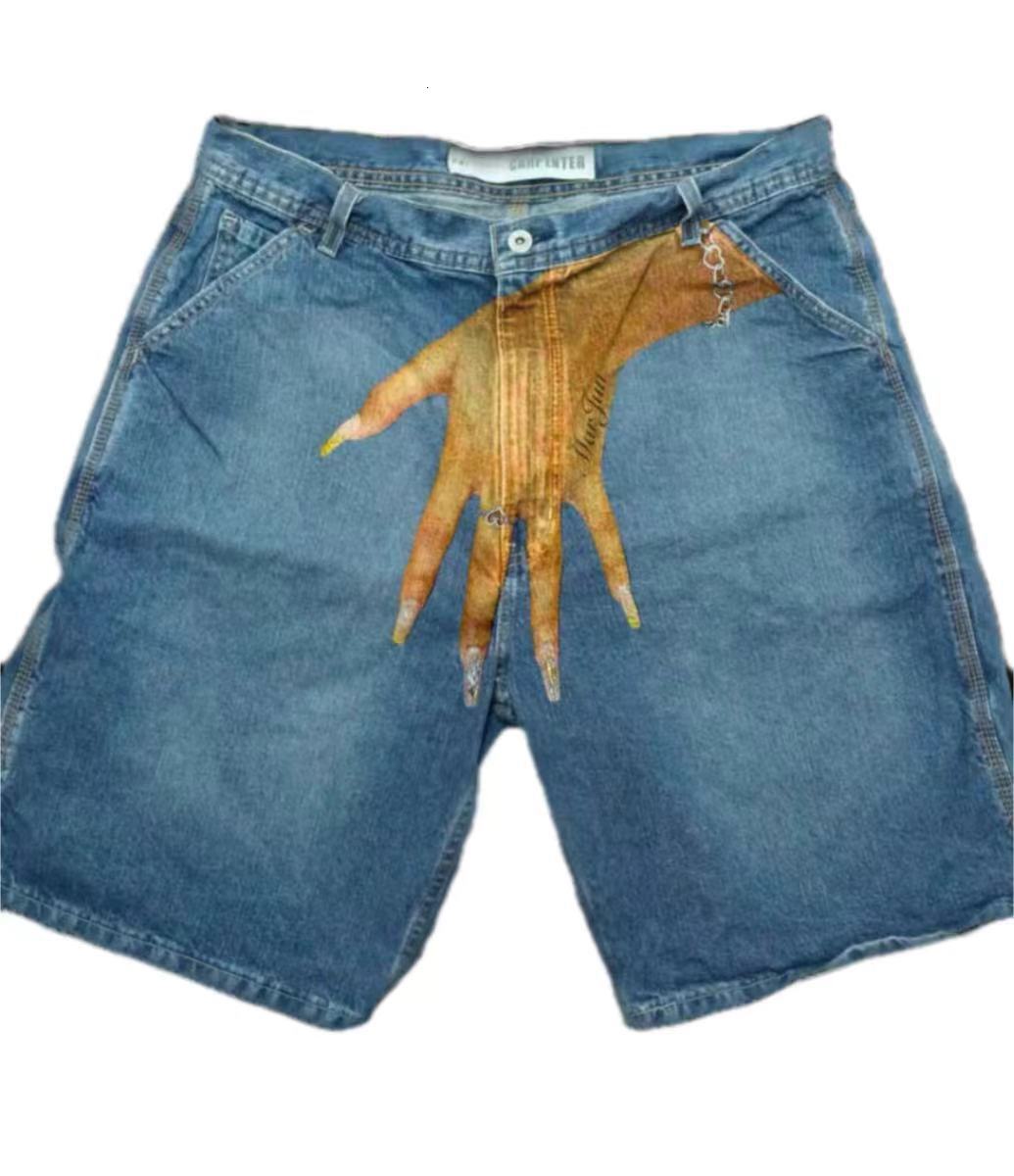 Y2k Hip-Hop Pattern Printed Denim Shorts, Men's High Street Trendy Couple Casual Capris