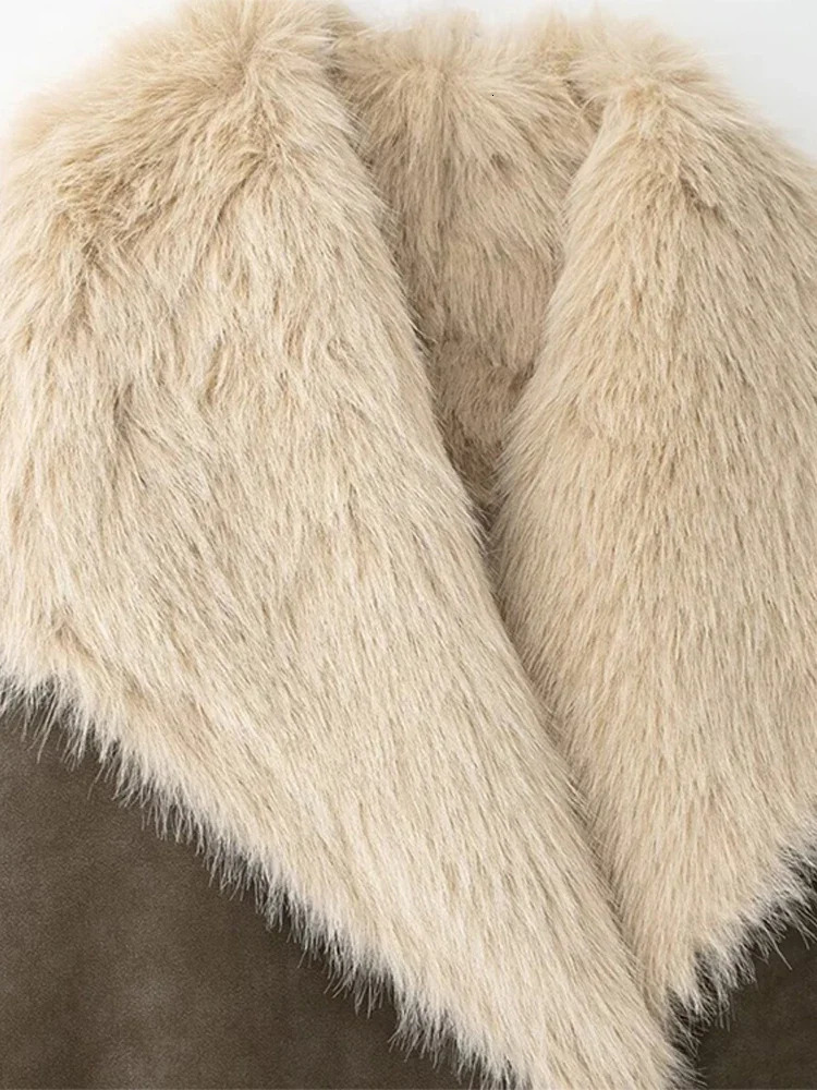 Vintage Fur Leather Long Jacket Casual Lapel Big Pockets Thicken Warm Coats Female 2024 Winter Chic Loose Outwears Lady 241121