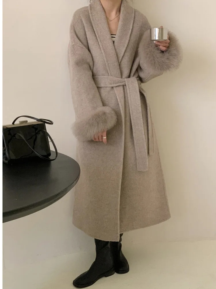 EOEN Womens Long Lapel Doublesided 2024 Autumn And Winter Item Solid Color Simple Detachable Cuffs Fur Wool Coat 241121