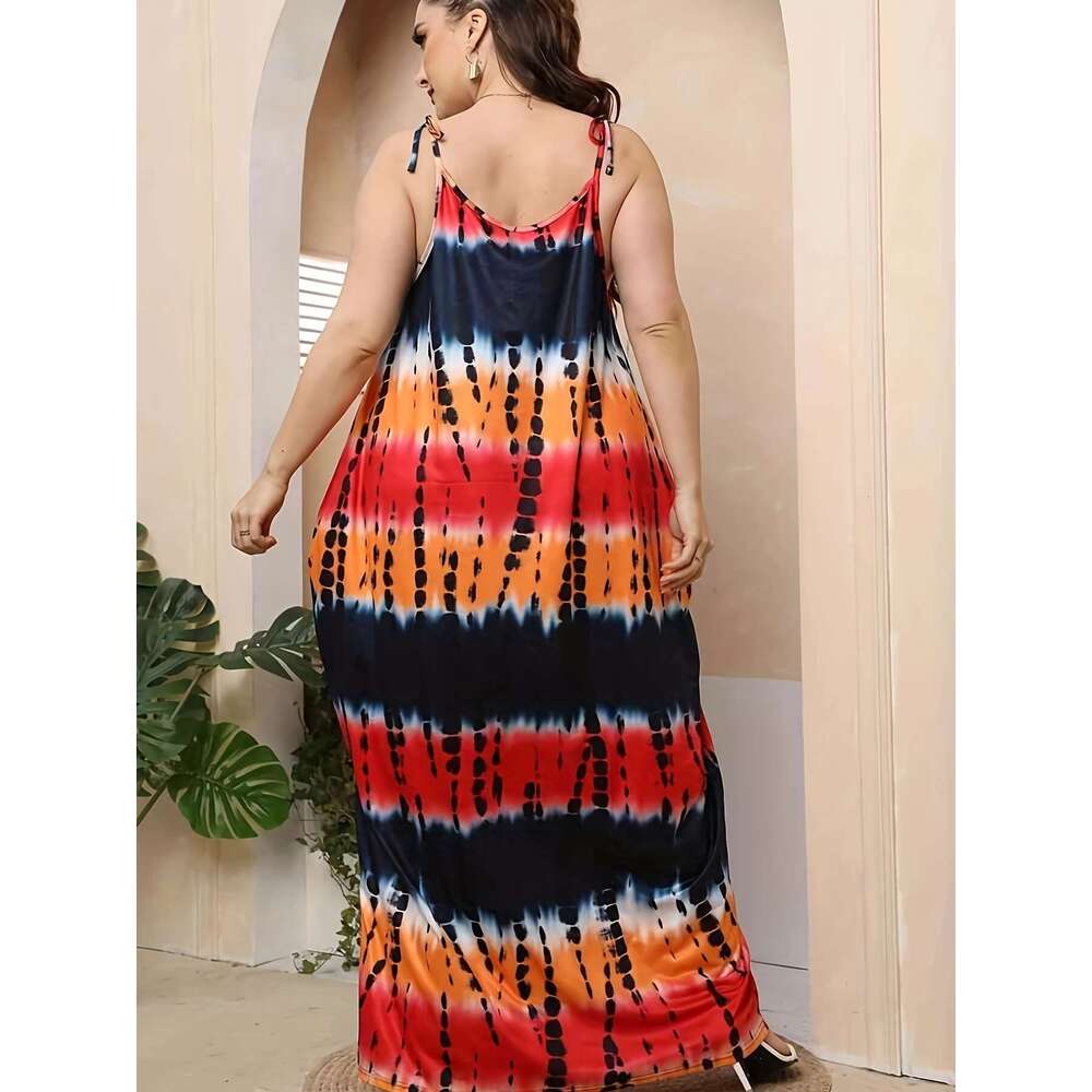 Large tie dye vacation style backless loose spaghetti strap long dress, women's plus size clothing