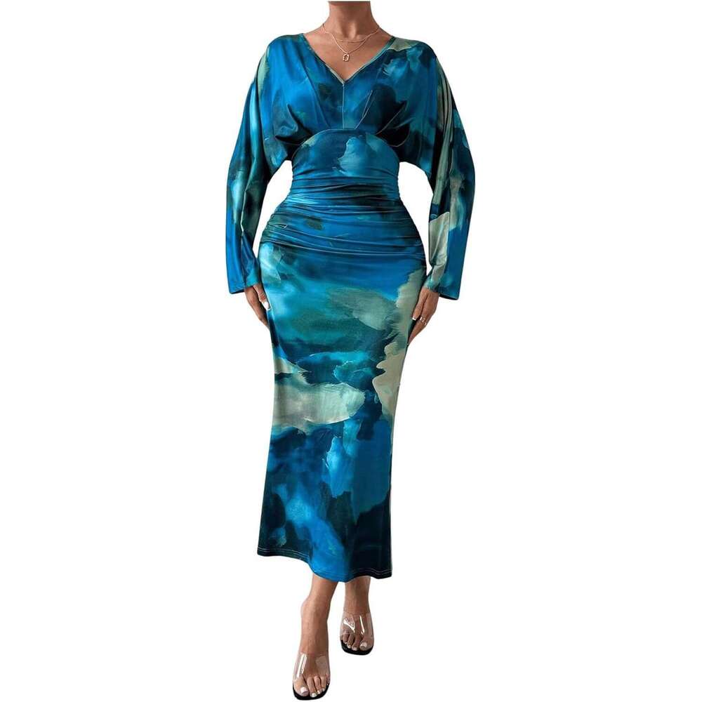2024 Shein autumn new V-neck pleated women's sexy slim fit batwing sleeve dress