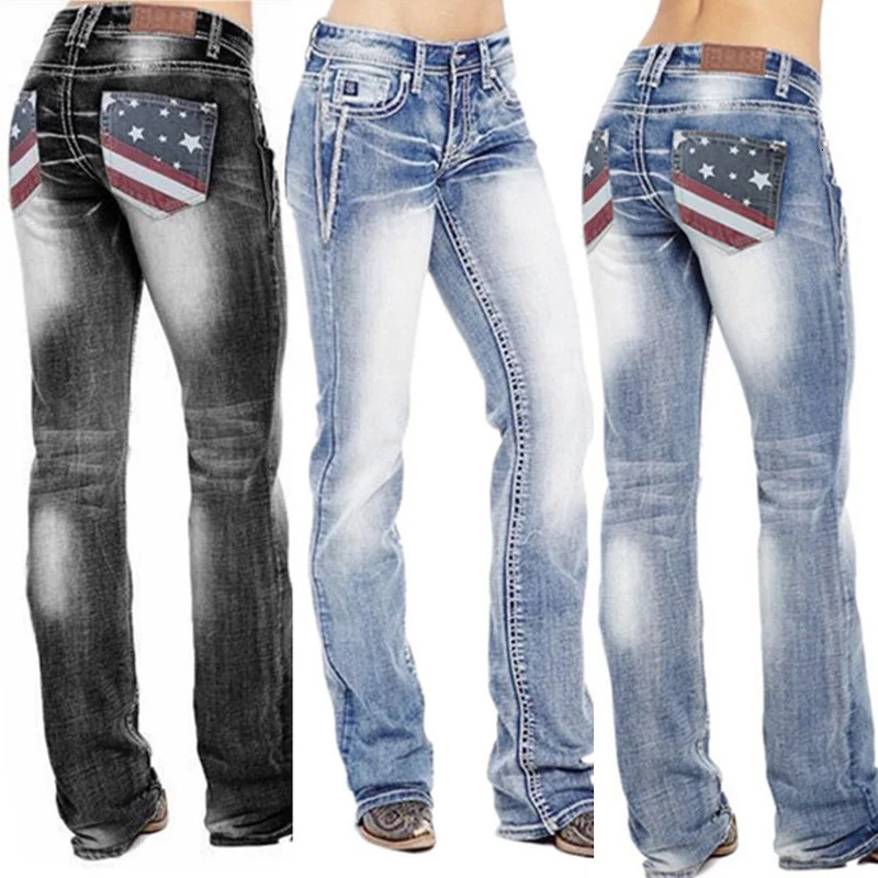 American flag elastic washed boots cut jeans suitable for women high waisted retro pants 241122