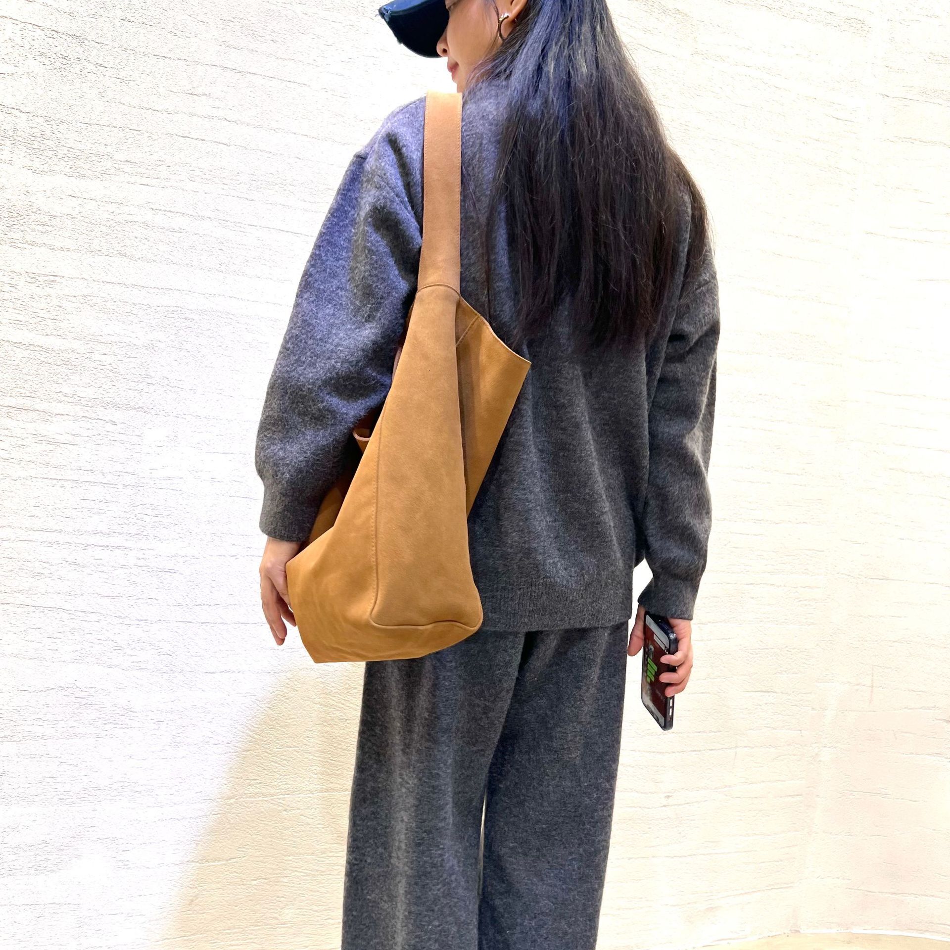 Genuine leather women's lazy suede tote reverse velvet cowhide shoulder bag, large capacity commuting bag