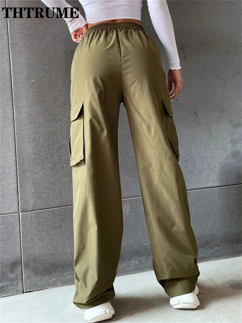 Vintage Streetwear Cargo Pants Fashion Women Solid Oversized Pocket High Waist Baggy Pant Casual Hip Hop Straight Trousers 241121Z