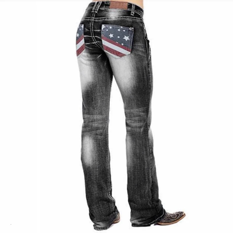 American flag elastic washed boots cut jeans suitable for women high waisted retro pants 241122