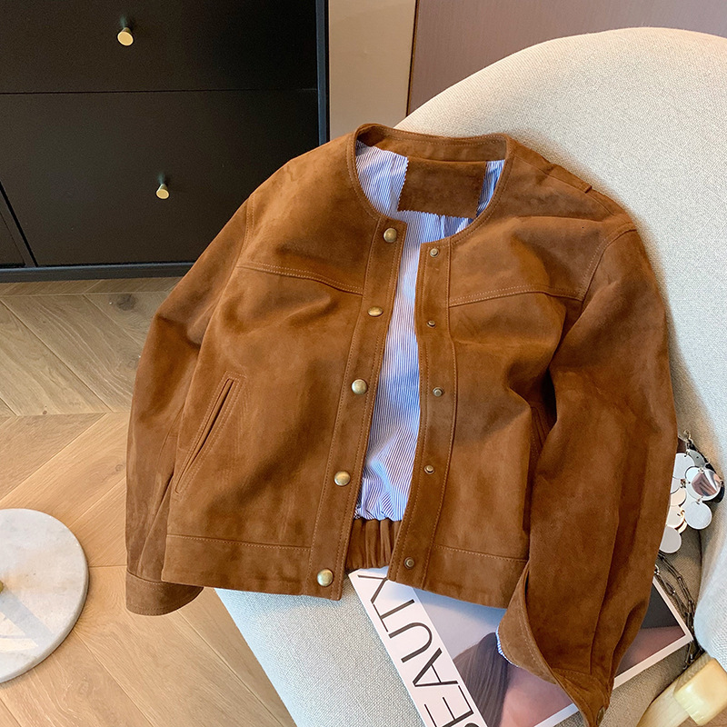 Brown Suede Maillard For Women's Autumn Winter Design Sense, Loose And Casual Short Jacket Top