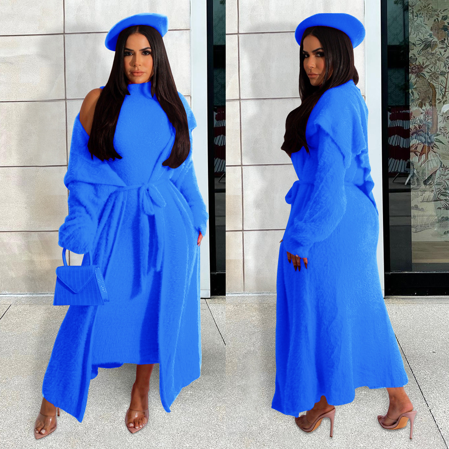 Autumn/Winter Dress Jacket Two-Piece Loose Waistband Long Cardigan Velvet Set clothing ladies