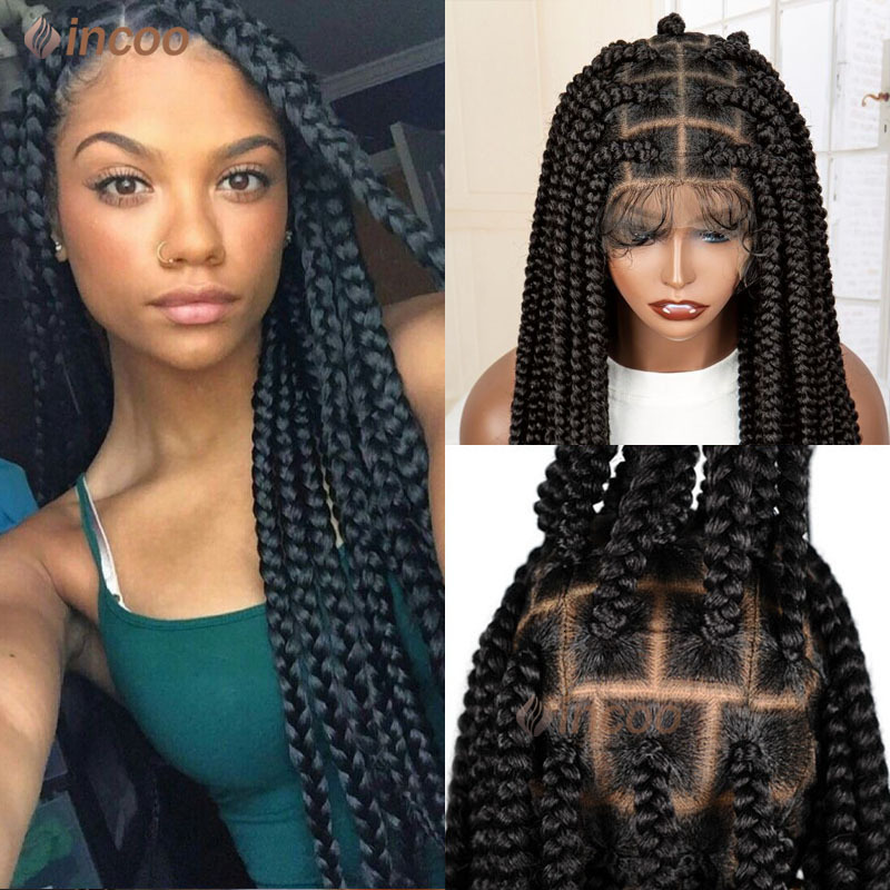 36" Full Synthetic Long Braided Wigs With Baby Hair 360 Lace Front Box Braids Black Mix Bury Wig