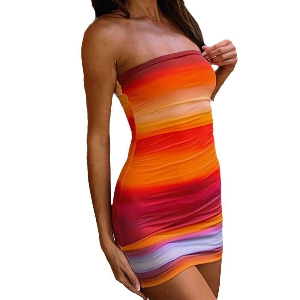 Women's 2024 summer rainbow print sexy strapless pleated waist bag hip dress nightclub outfit