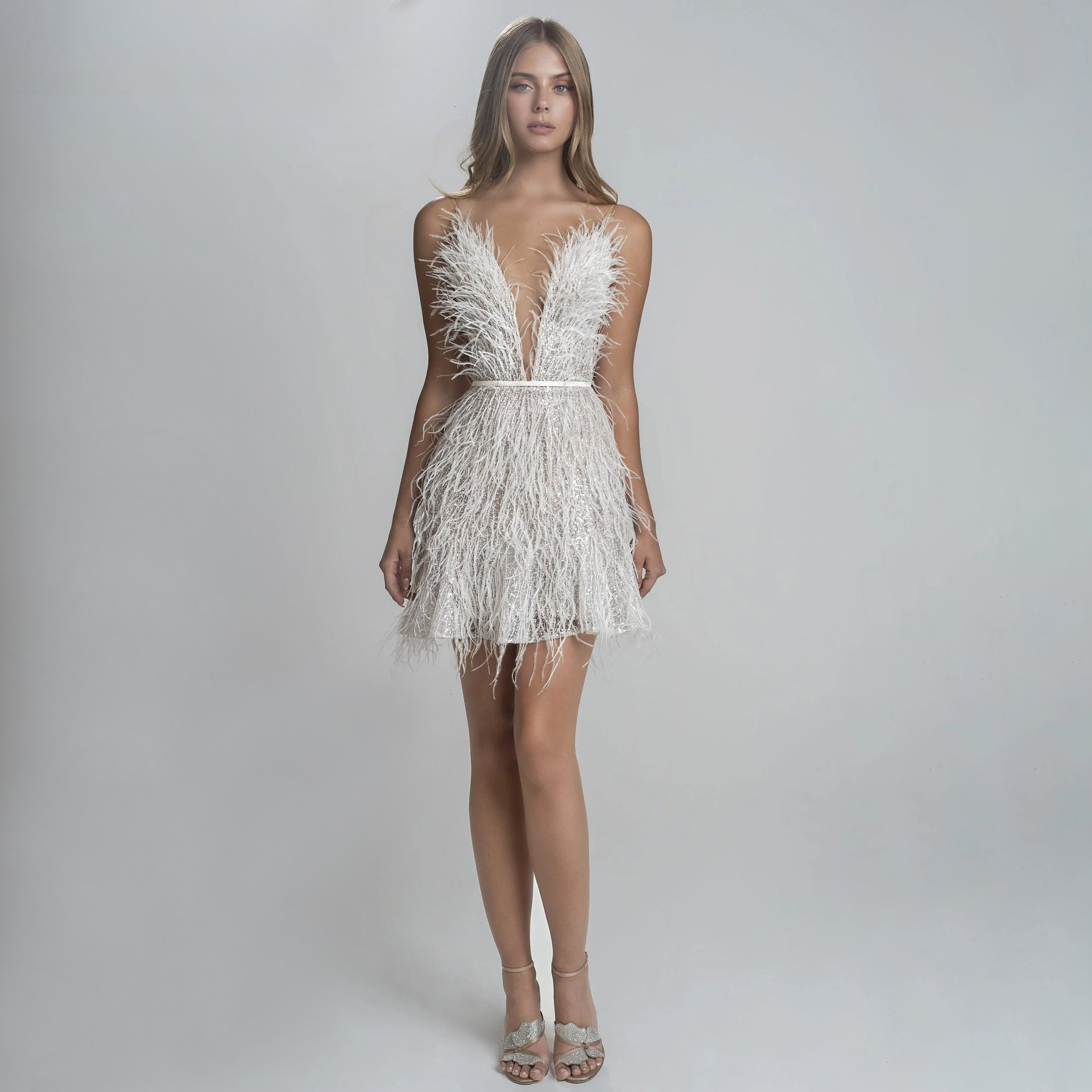 Autumn And Winter New Women's Sexy Backless Party With Deep V-Shaped Feather Strap Dress