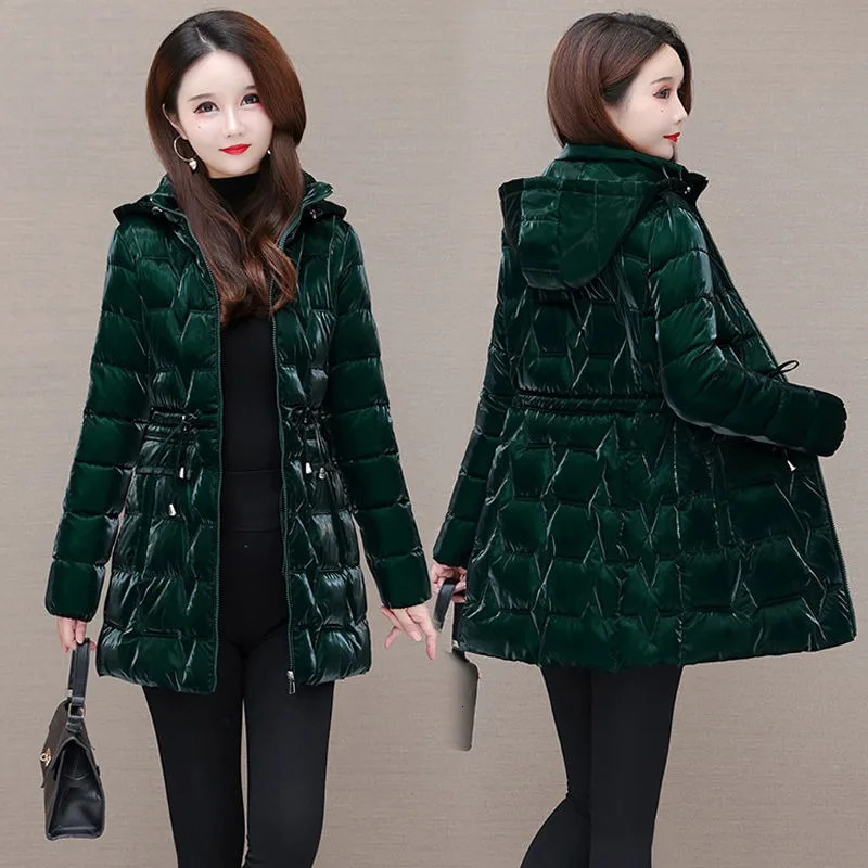 2024 Shiny Down Cotton Coat Women Korean Winter Thick Warm Long Hooded Parkas Female Casual Windproof Jackets Ladies Outerwe 241120